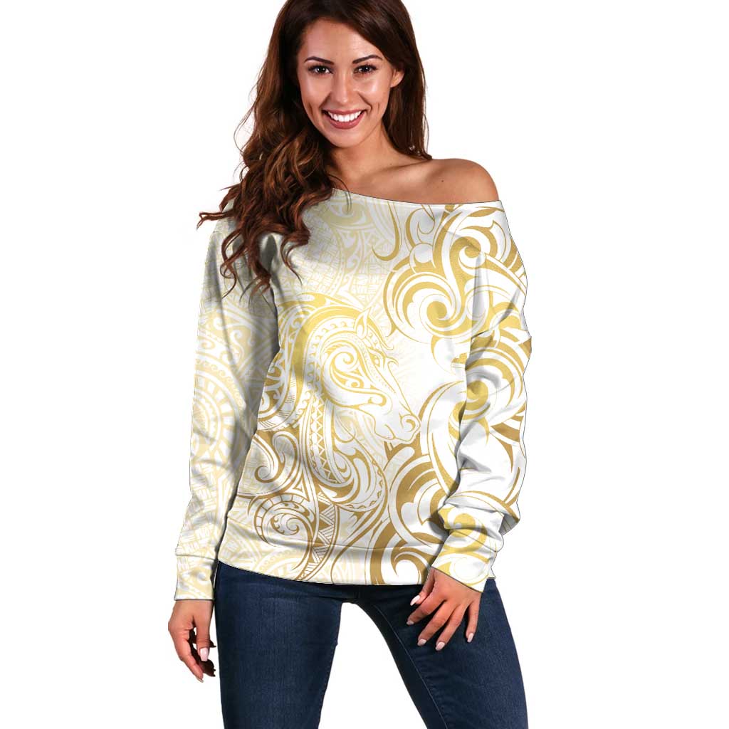 Gold And White Aotearoa Horse Racing Off Shoulder Sweater NZ Maori Pattern LT14 Women White - Polynesian Pride