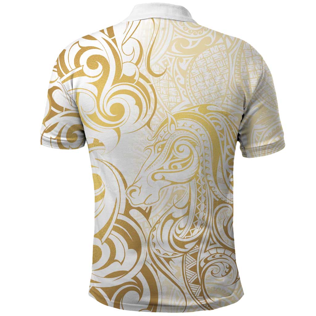 Gold And White Aotearoa Horse Racing Polo Shirt NZ Maori Pattern LT14 - Polynesian Pride