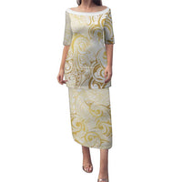 Gold And White Aotearoa Horse Racing Puletasi NZ Maori Pattern LT14 Long Dress White - Polynesian Pride