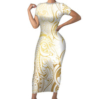 Gold And White Aotearoa Horse Racing Short Sleeve Bodycon Dress NZ Maori Pattern LT14 Long Dress White - Polynesian Pride