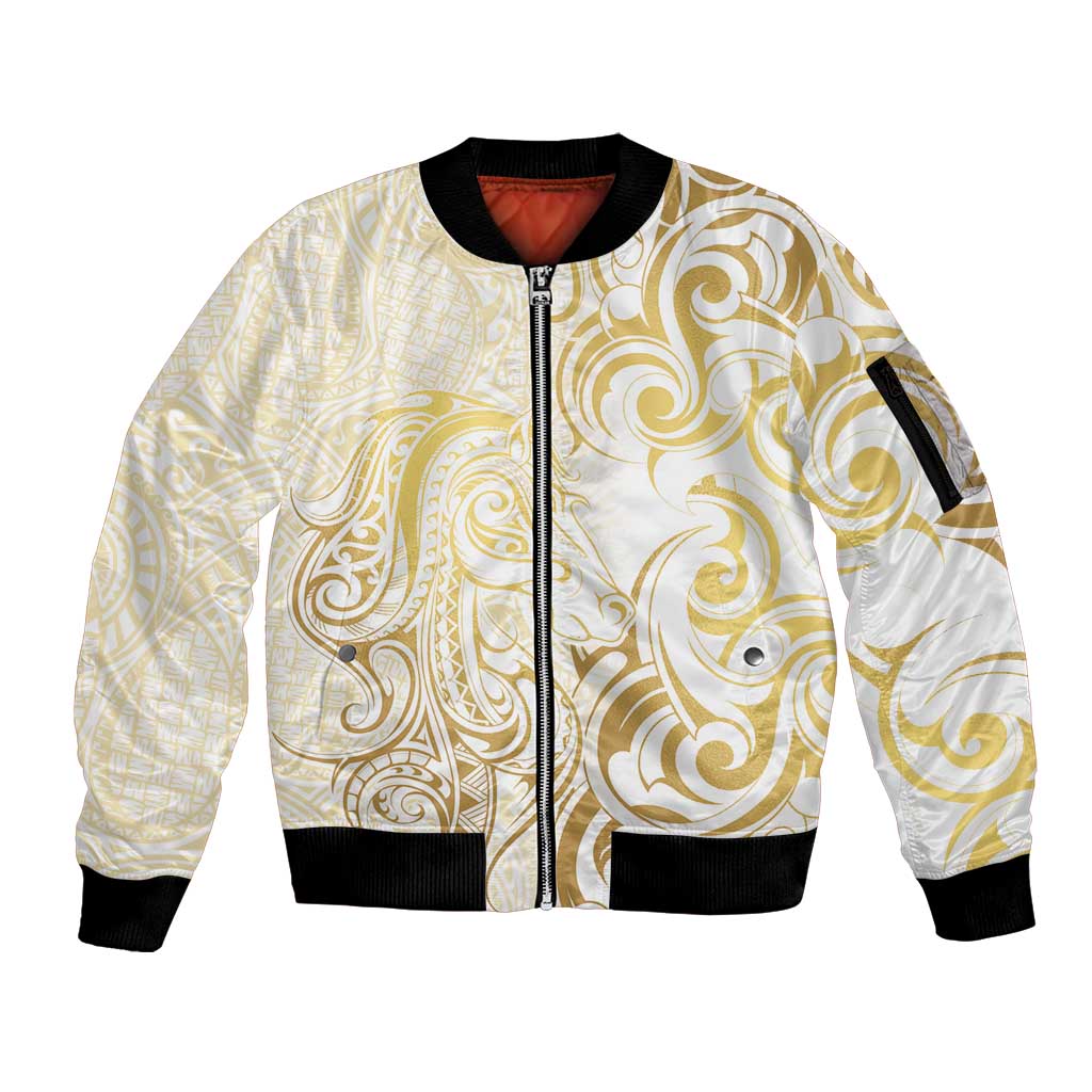 Gold And White Aotearoa Horse Racing Sleeve Zip Bomber Jacket NZ Maori Pattern LT14 Unisex White - Polynesian Pride