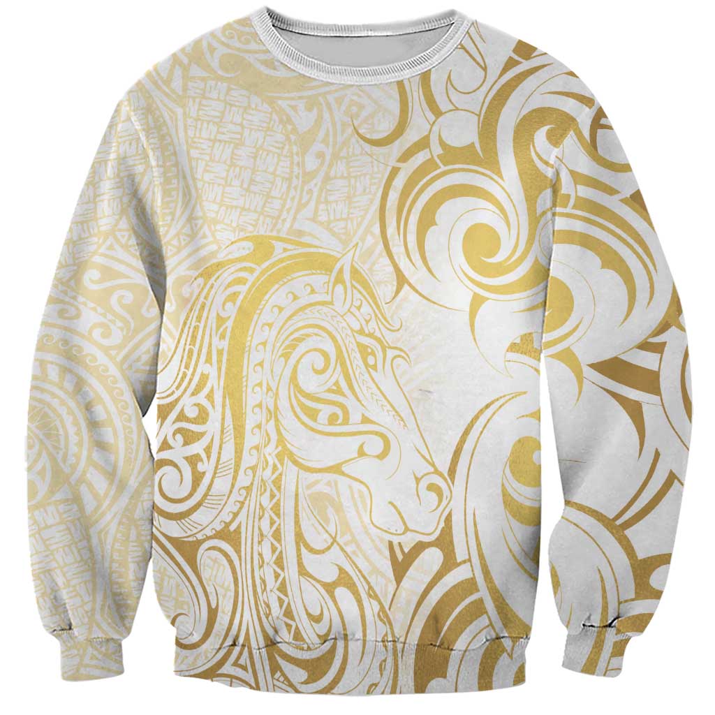 Gold And White Aotearoa Horse Racing Sweatshirt NZ Maori Pattern LT14 Unisex White - Polynesian Pride