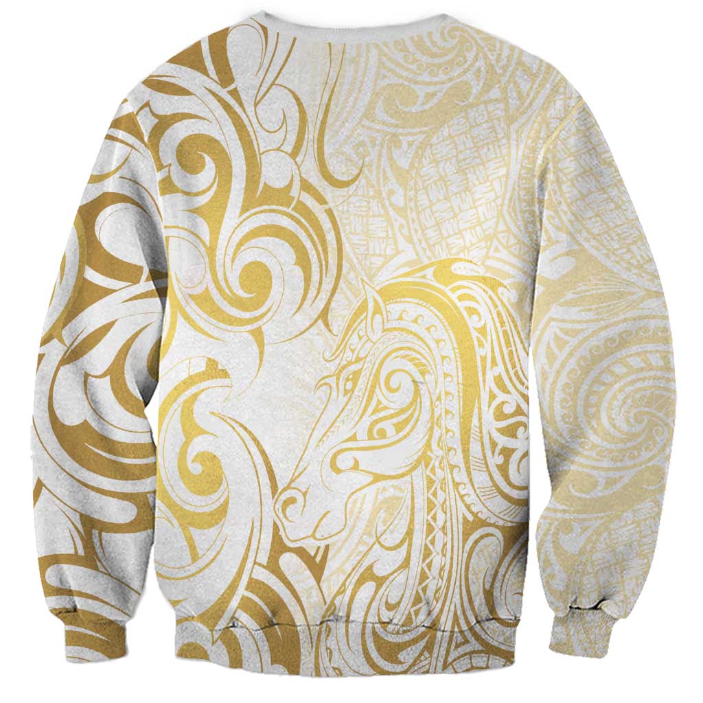 Gold And White Aotearoa Horse Racing Sweatshirt NZ Maori Pattern LT14 - Polynesian Pride