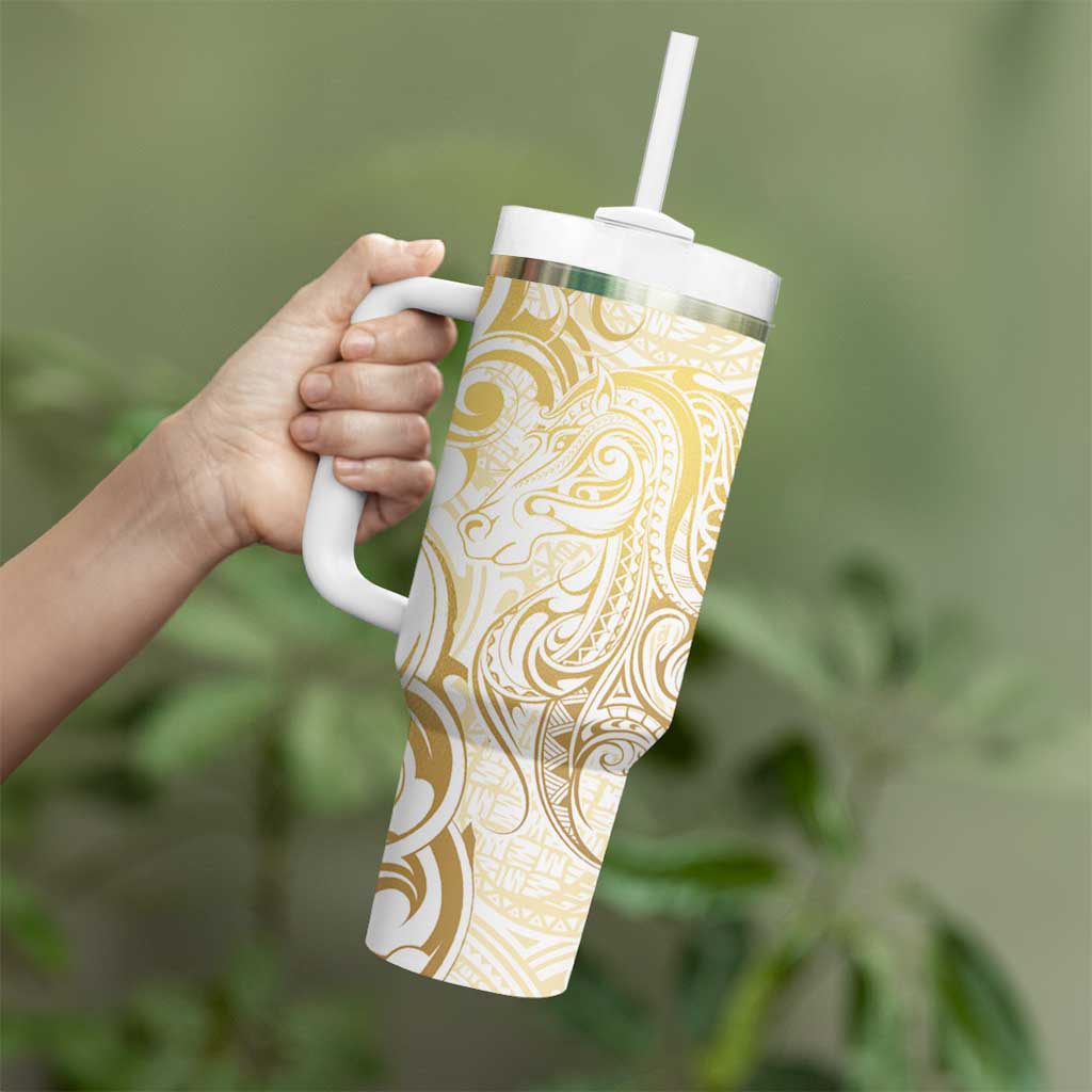 Gold And White Aotearoa Horse Racing Tumbler With Handle NZ Maori Pattern LT14 - Polynesian Pride