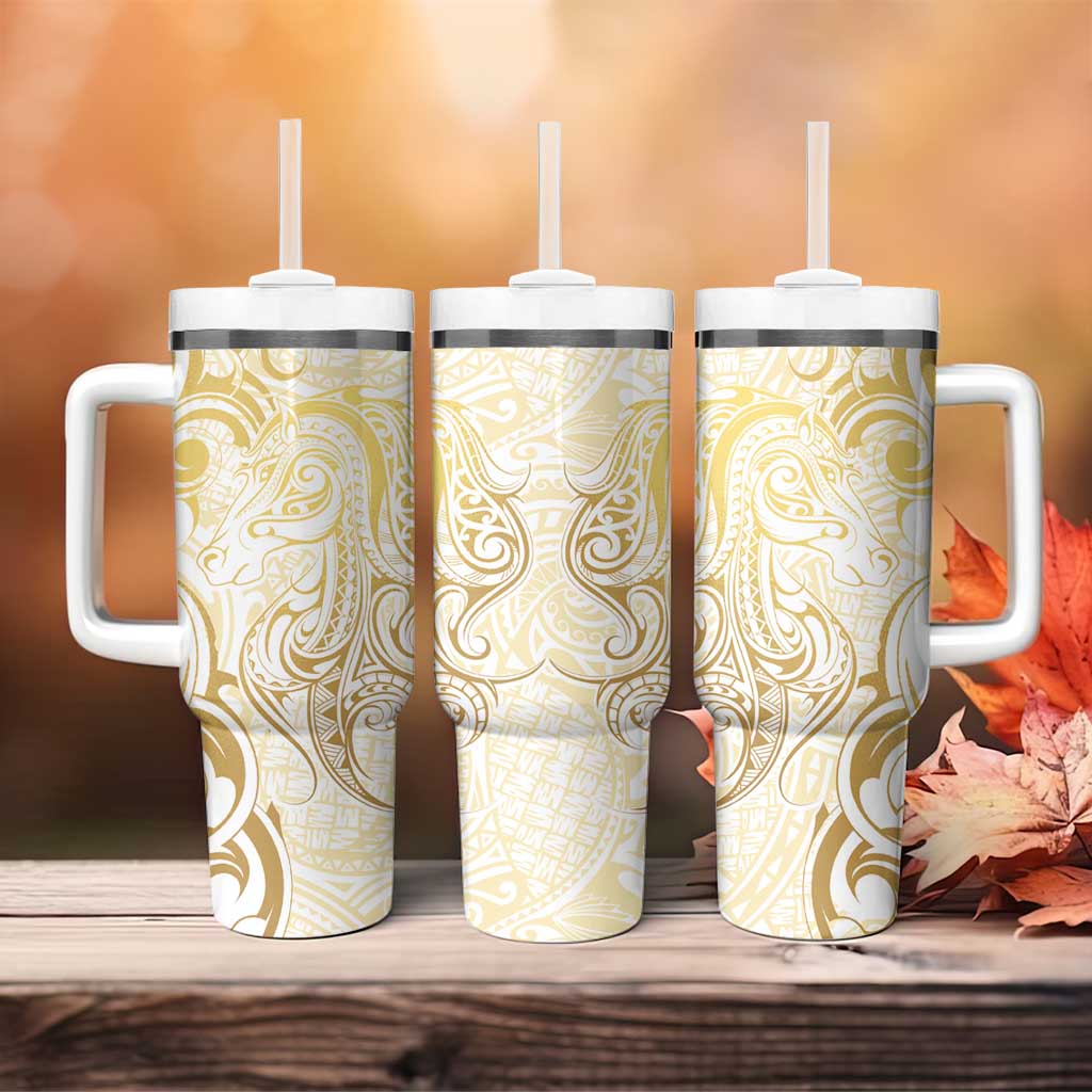Gold And White Aotearoa Horse Racing Tumbler With Handle NZ Maori Pattern LT14 - Polynesian Pride