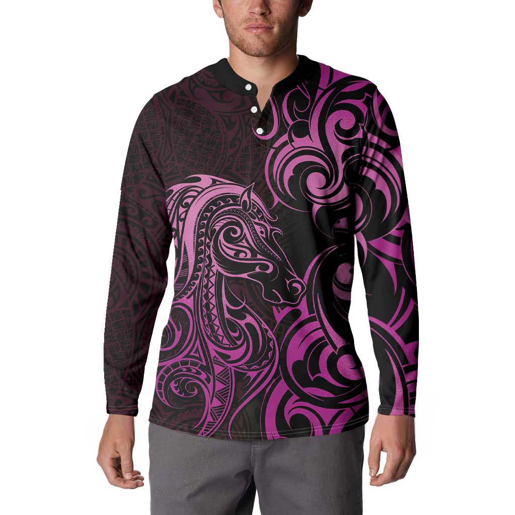 Pink Aotearoa Horse Racing Button Sweatshirt NZ Maori Pattern LT14 - Polynesian Pride