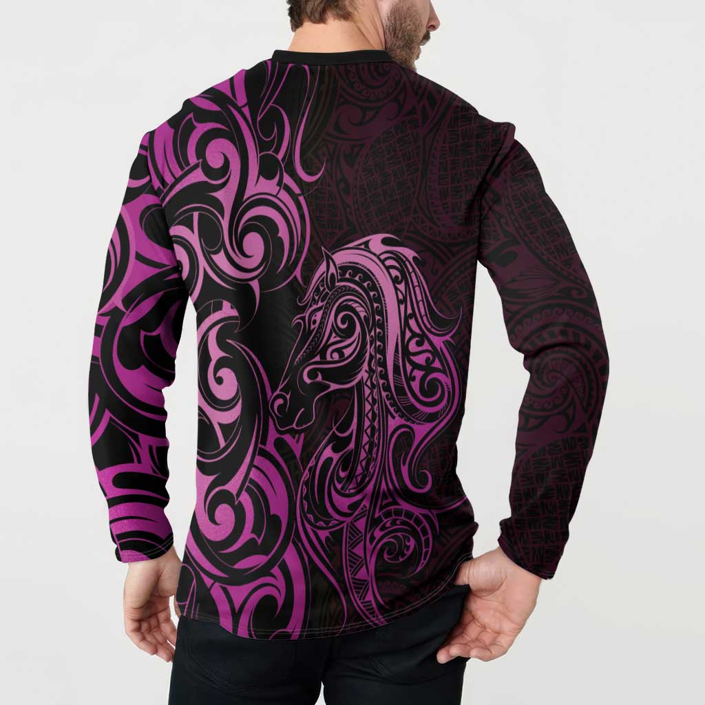 Pink Aotearoa Horse Racing Button Sweatshirt NZ Maori Pattern LT14 - Polynesian Pride