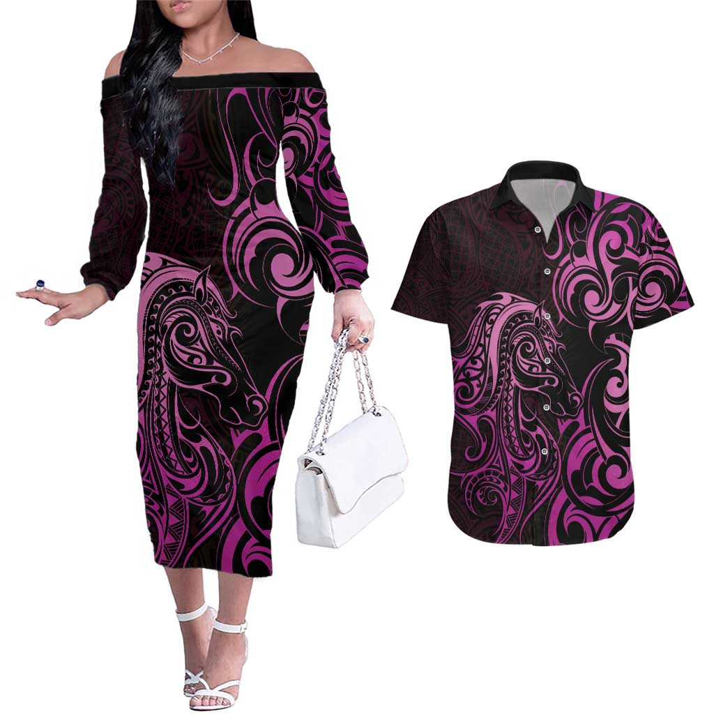 Pink Aoteara Horse Racing Couples Matching Off The Shoulder Long Sleeve Dress and Hawaiian Shirt NZ Maori Pattern