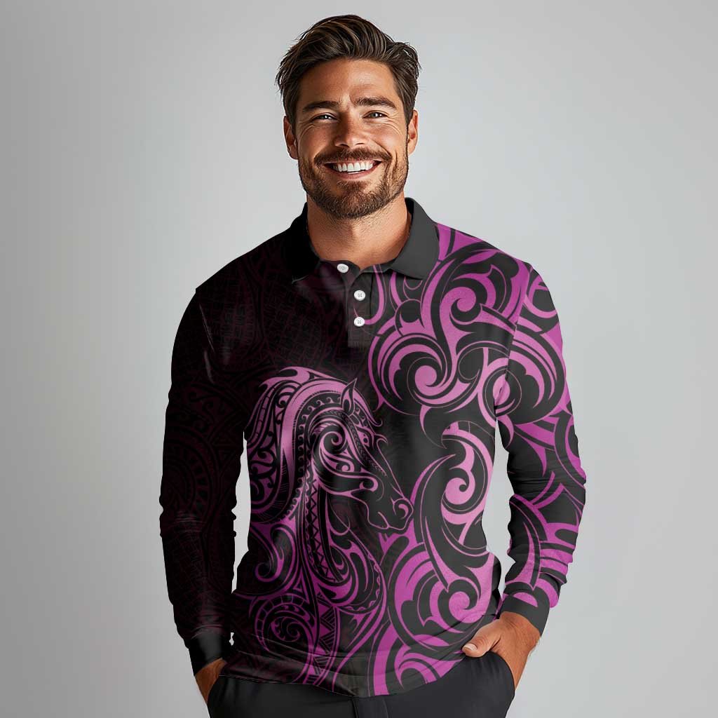 Pink Aotearoa Horse Racing Long Sleeve Polo Shirt NZ Maori Pattern LT14 - Polynesian Pride
