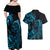 Blue Aoteara Horse Racing Couples Matching Off Shoulder Maxi Dress and Hawaiian Shirt NZ Maori Pattern