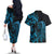 Blue Aoteara Horse Racing Couples Matching Off The Shoulder Long Sleeve Dress and Hawaiian Shirt NZ Maori Pattern