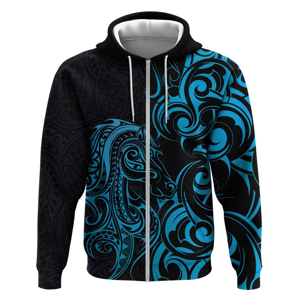 Blue Aotearoa Horse Racing Hoodie NZ Maori Pattern LT14 Zip Hoodie Blue - Polynesian Pride