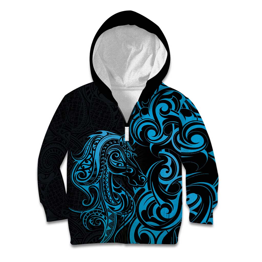 Blue Aotearoa Horse Racing Kid Hoodie NZ Maori Pattern LT14 Zip Hoodie Blue - Polynesian Pride