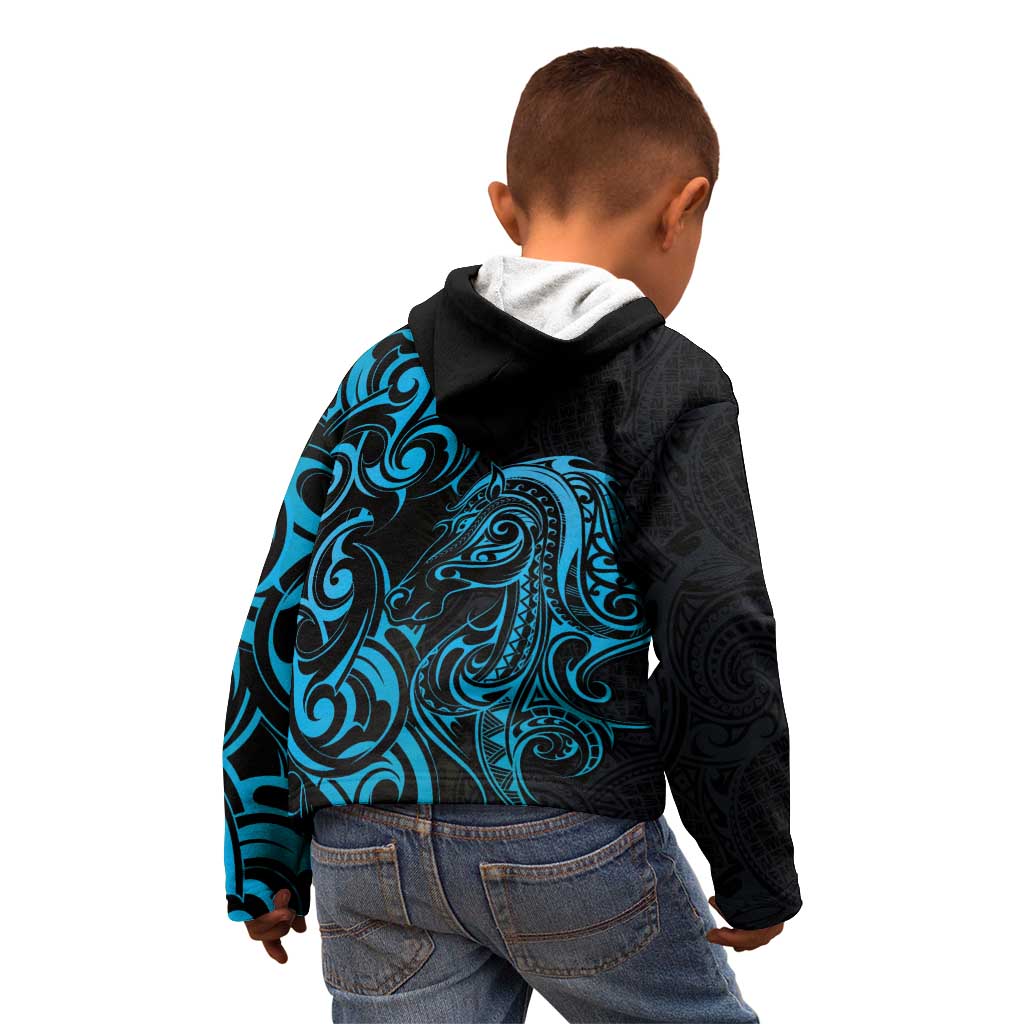Blue Aotearoa Horse Racing Kid Hoodie NZ Maori Pattern LT14 - Polynesian Pride