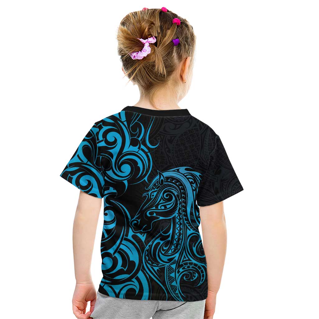 Blue Aotearoa Horse Racing Kid T Shirt NZ Maori Pattern LT14 - Polynesian Pride