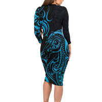 Blue Aotearoa Horse Racing Long Sleeve Bodycon Dress NZ Maori Pattern LT14 - Polynesian Pride