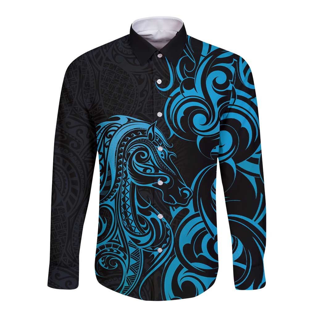 Blue Aotearoa Horse Racing Long Sleeve Button Shirt NZ Maori Pattern LT14 Unisex Blue - Polynesian Pride