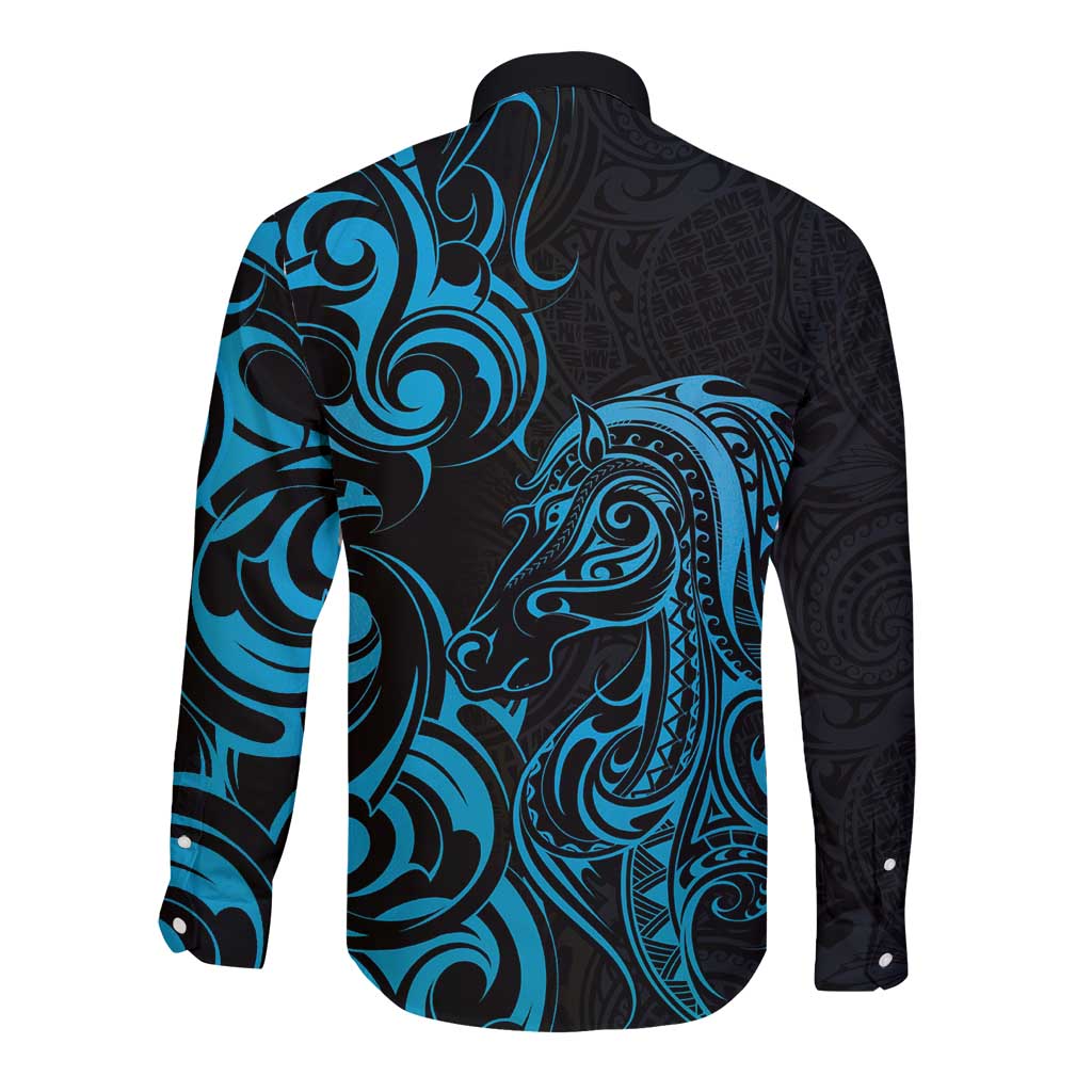 Blue Aotearoa Horse Racing Long Sleeve Button Shirt NZ Maori Pattern LT14 - Polynesian Pride