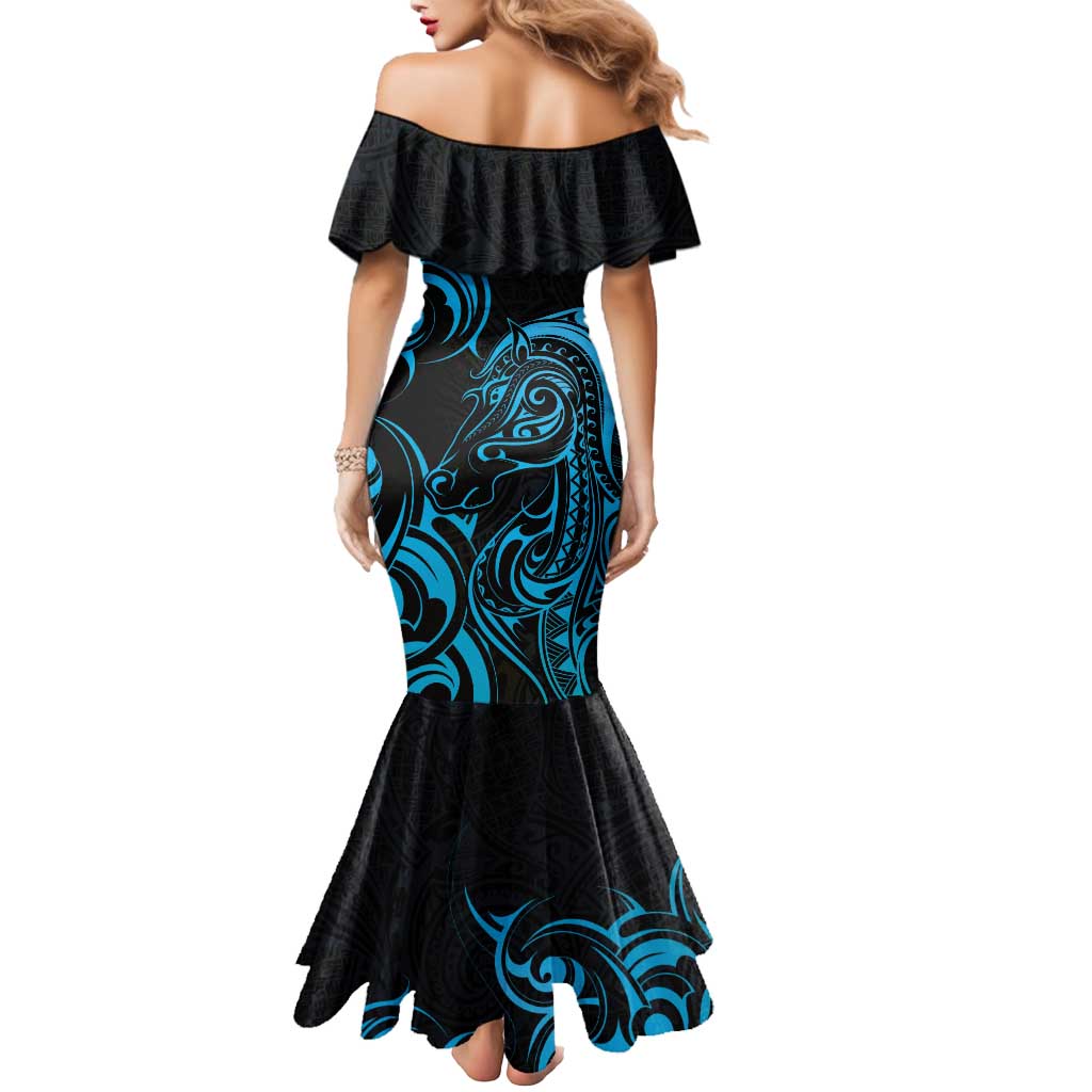 Blue Aotearoa Horse Racing Mermaid Dress NZ Maori Pattern LT14 - Polynesian Pride