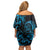 Blue Aoteara Horse Racing Off Shoulder Short Dress NZ Maori Pattern