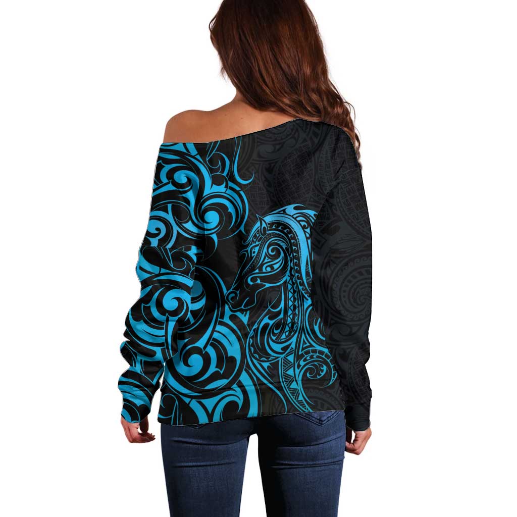 Blue Aotearoa Horse Racing Off Shoulder Sweater NZ Maori Pattern LT14 - Polynesian Pride