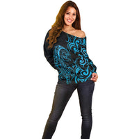 Blue Aotearoa Horse Racing Off Shoulder Sweater NZ Maori Pattern LT14 - Polynesian Pride