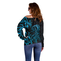 Blue Aotearoa Horse Racing Off Shoulder Sweater NZ Maori Pattern LT14 - Polynesian Pride