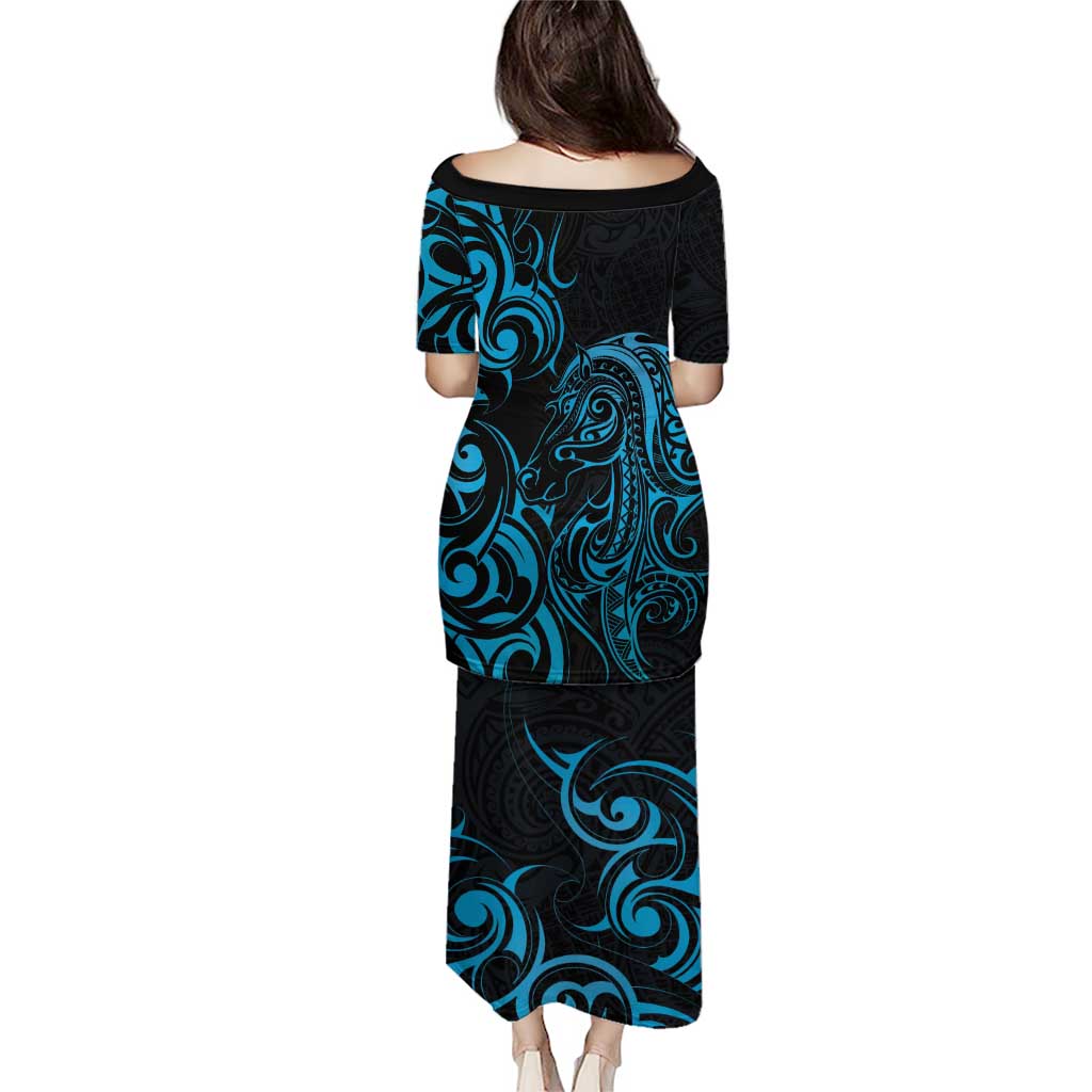 Blue Aotearoa Horse Racing Puletasi NZ Maori Pattern LT14 - Polynesian Pride
