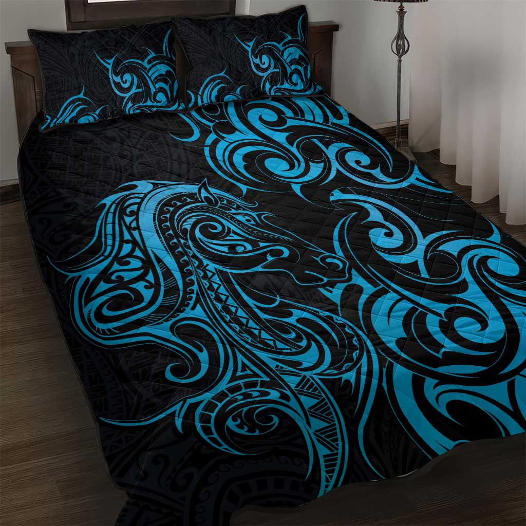 Blue Aotearoa Horse Racing Quilt Bed Set NZ Maori Pattern LT14 Blue - Polynesian Pride