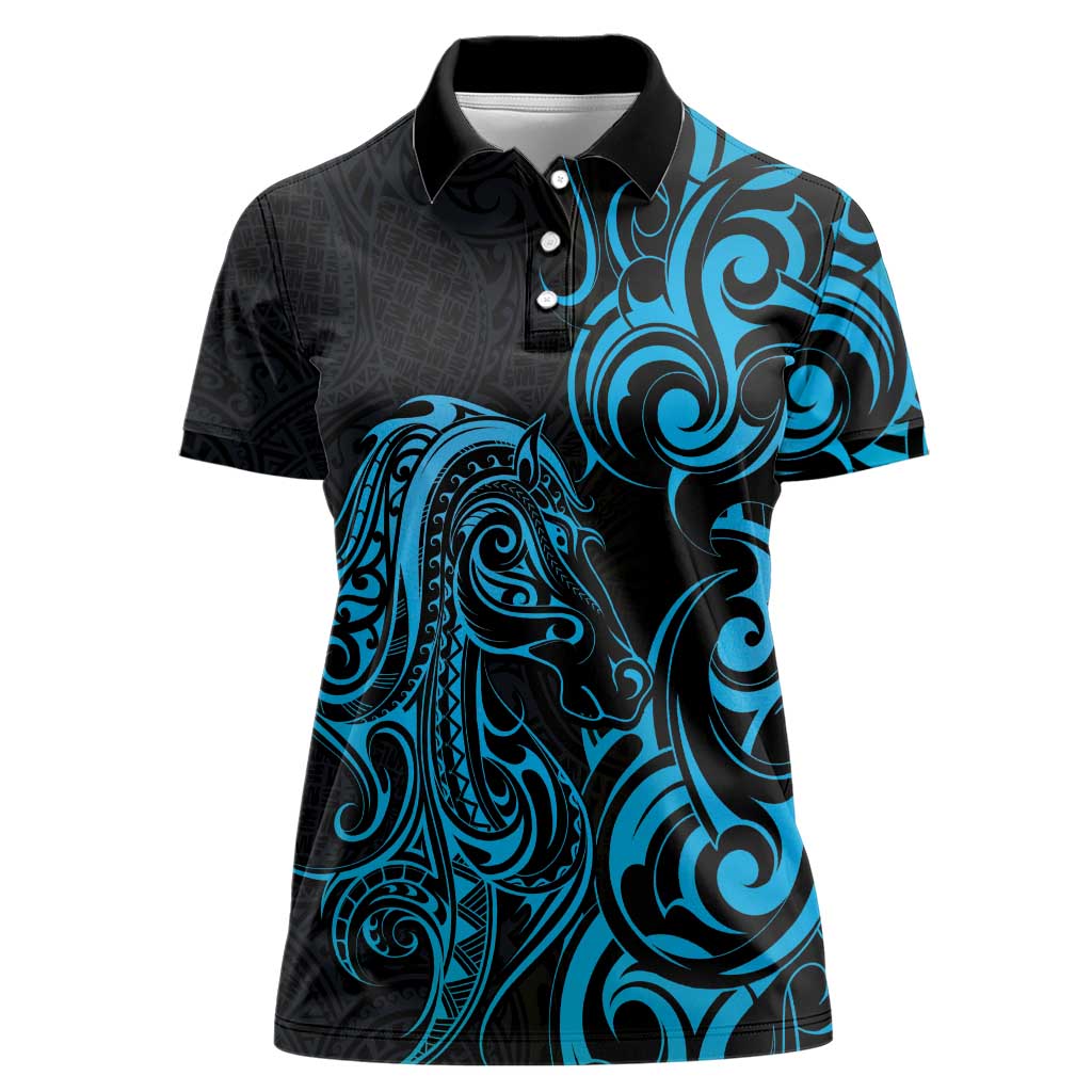 Blue Aoteara Horse Racing Women Polo Shirt NZ Maori Pattern