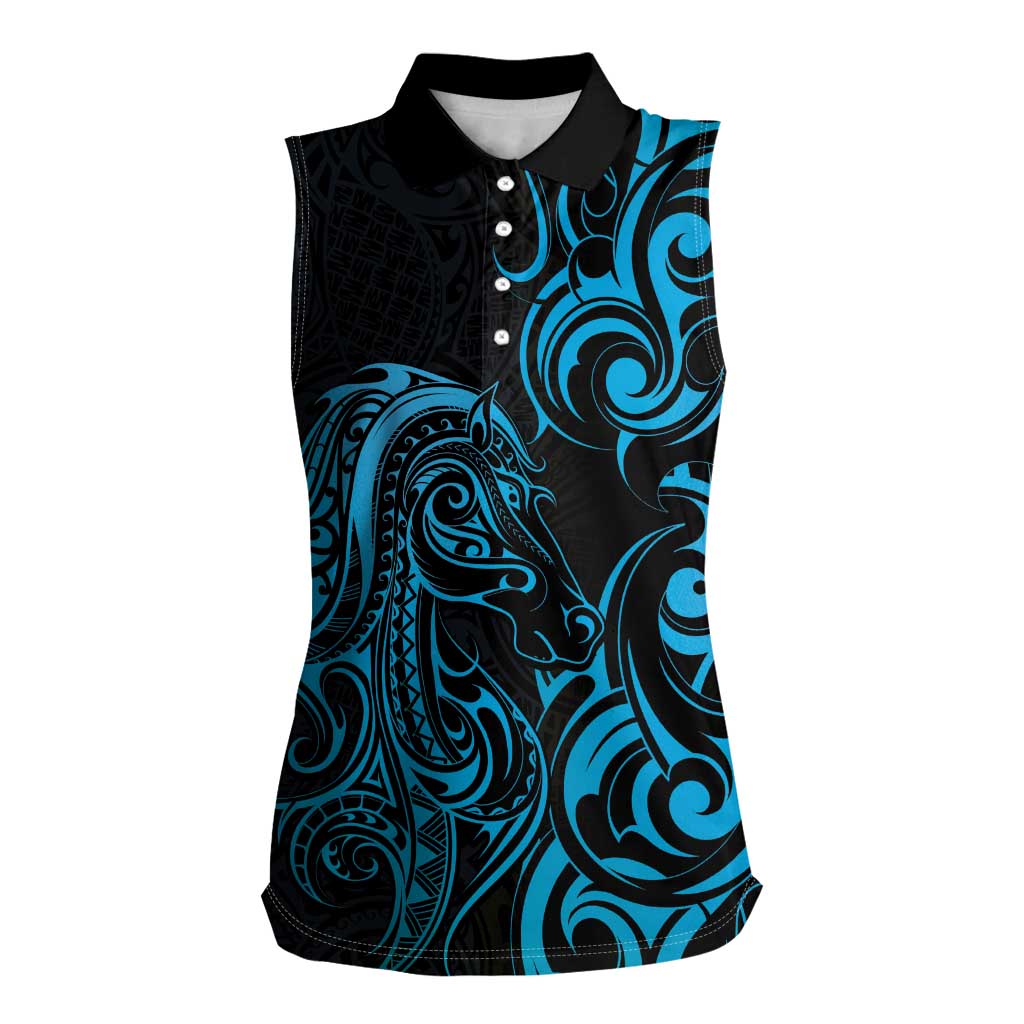 Blue Aoteara Horse Racing Women Sleeveless Polo Shirt NZ Maori Pattern