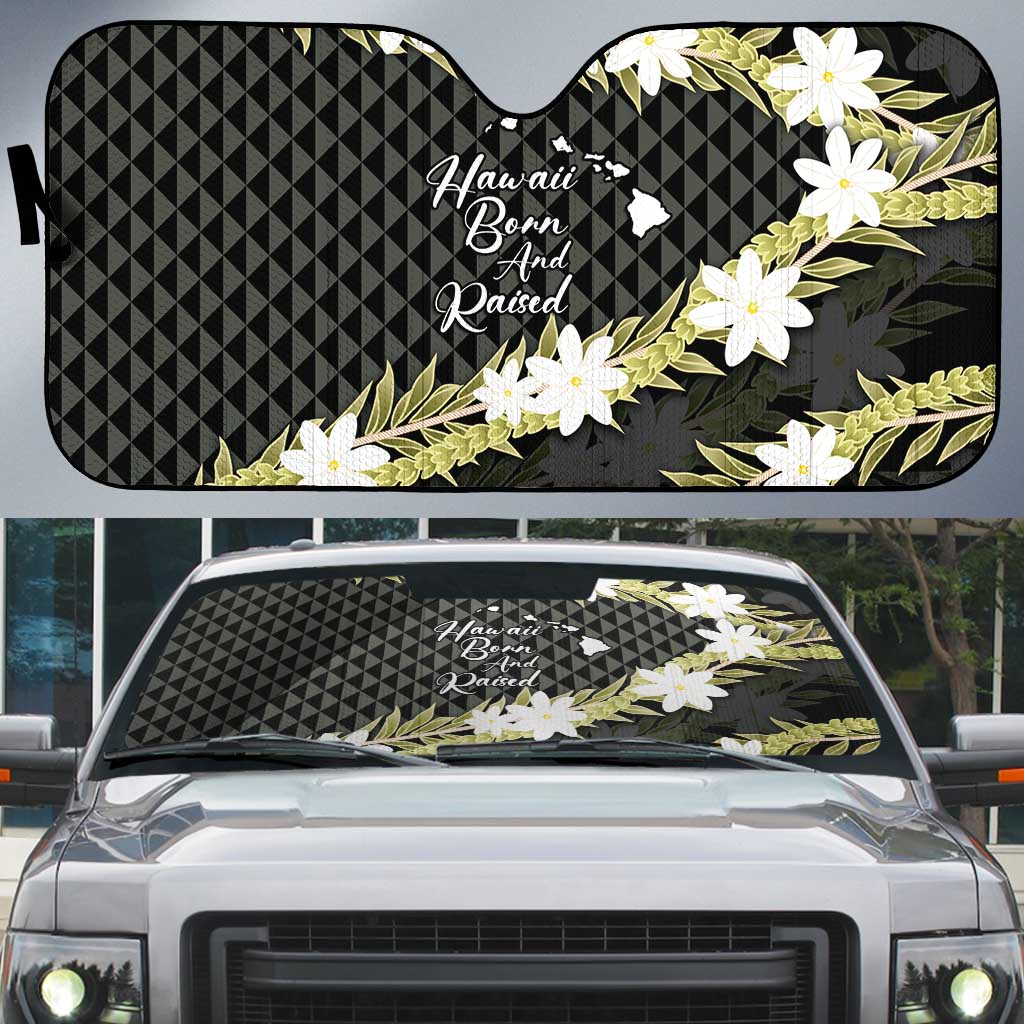 Born And Raised Aloha Hawaii Auto Sun Shade Kanaka Kakau Hawaiian Tiare Pakalana Lei LT14 Black - Polynesian Pride