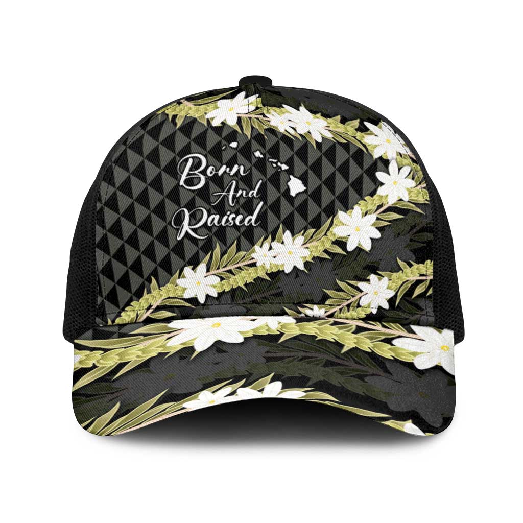 Born And Raised Aloha Hawaii Baseball Net Cap Kanaka Kakau Hawaiian Tiare Pakalana Lei LT14 One Size Black Black - Polynesian Pride