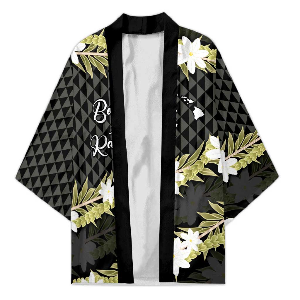 Born And Raised Aloha Hawaii Kimono Kanaka Kakau Hawaiian Tiare Pakalana Lei LT14 Unisex Black - Polynesian Pride
