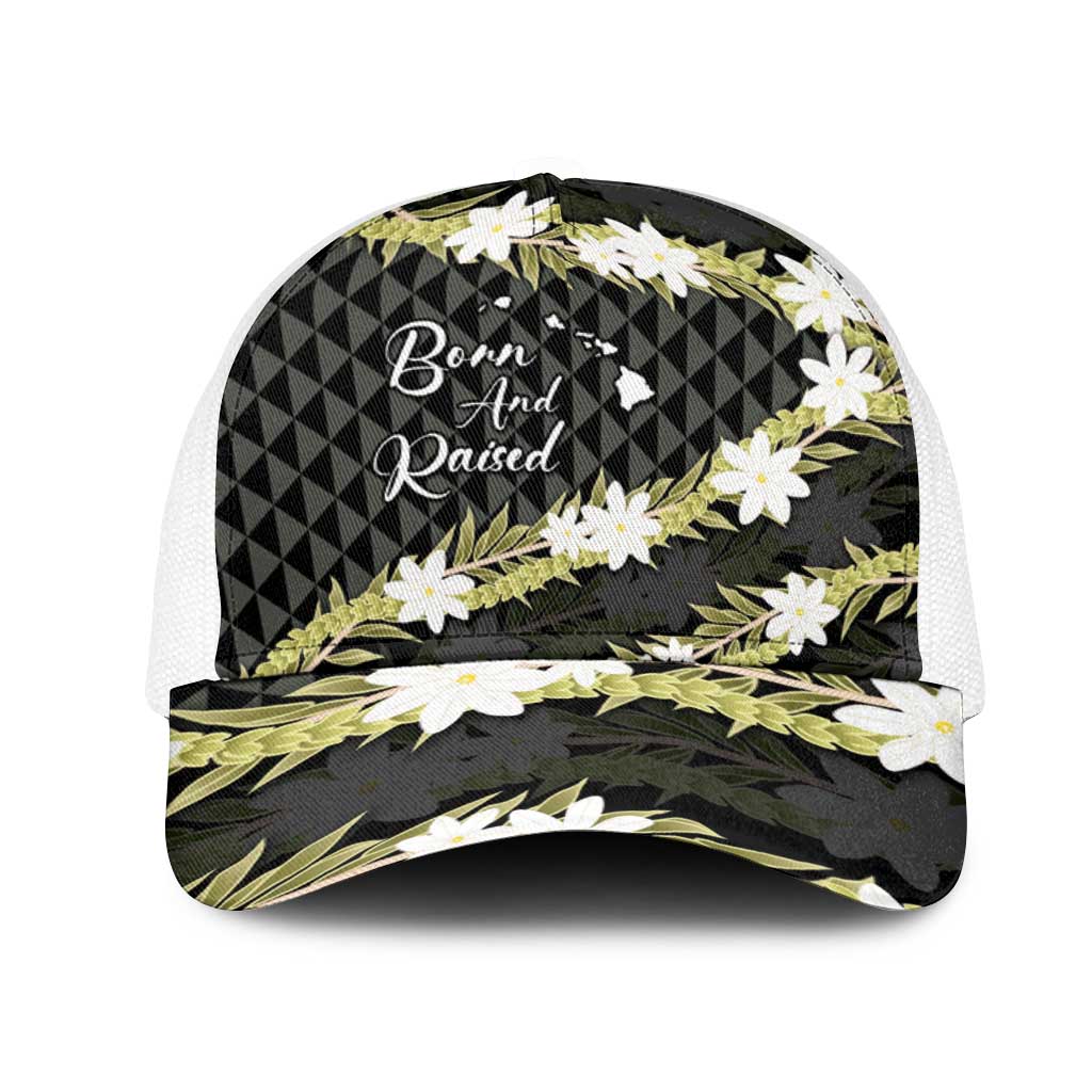Born And Raised Aloha Hawaii Mesh Trucker Cap Kanaka Kakau Hawaiian Tiare Pakalana Lei LT14 One Size White Black - Polynesian Pride