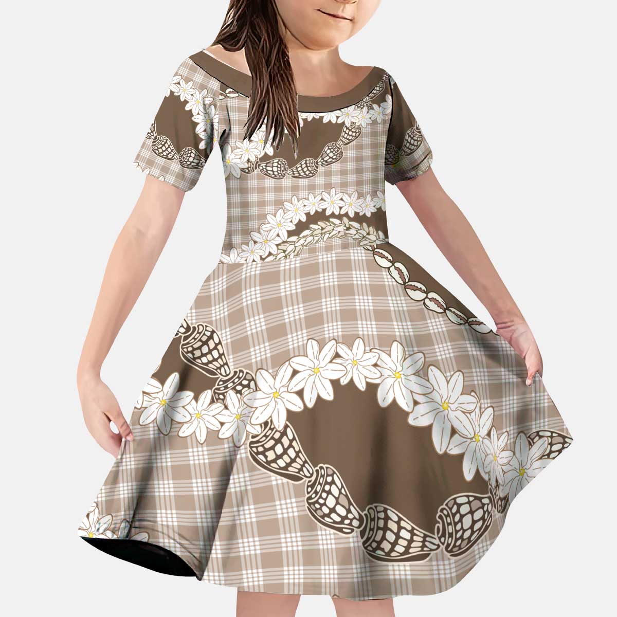 Brown Hawaii Tiare and Shell Lei Kid Short Sleeve Dress Hawaiian Palaka Luxury Vibes LT14 KID Brown - Polynesian Pride