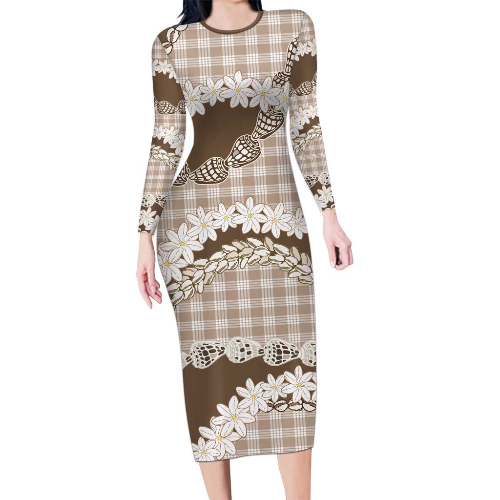 Brown Hawaii Tiare and Shell Lei Long Sleeve Bodycon Dress Hawaiian Palaka Luxury Vibes LT14 Long Dress Brown - Polynesian Pride