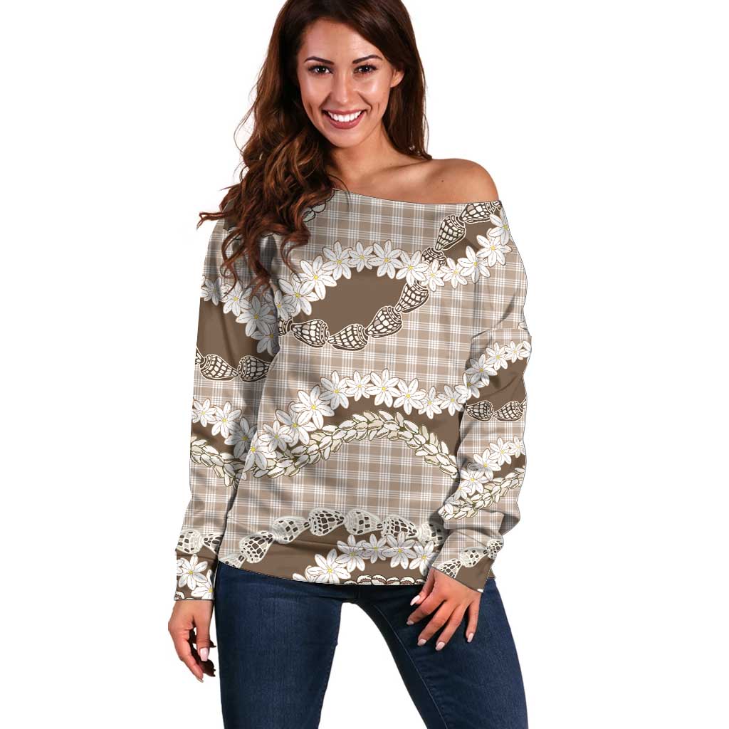 Brown Hawaii Tiare and Shell Lei Off Shoulder Sweater Hawaiian Palaka Luxury Vibes LT14 Women Brown - Polynesian Pride
