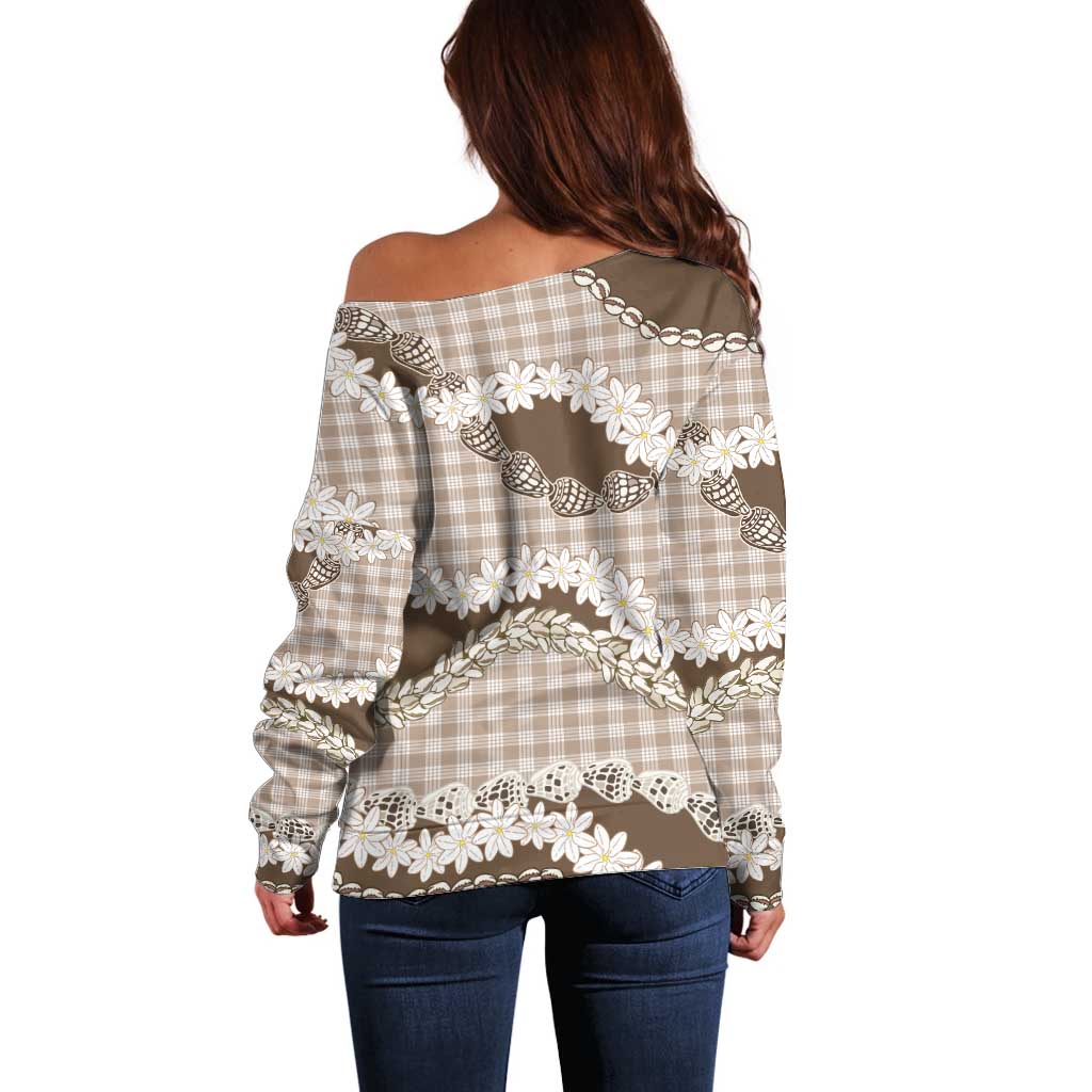 Brown Hawaii Tiare and Shell Lei Off Shoulder Sweater Hawaiian Palaka Luxury Vibes LT14 - Polynesian Pride