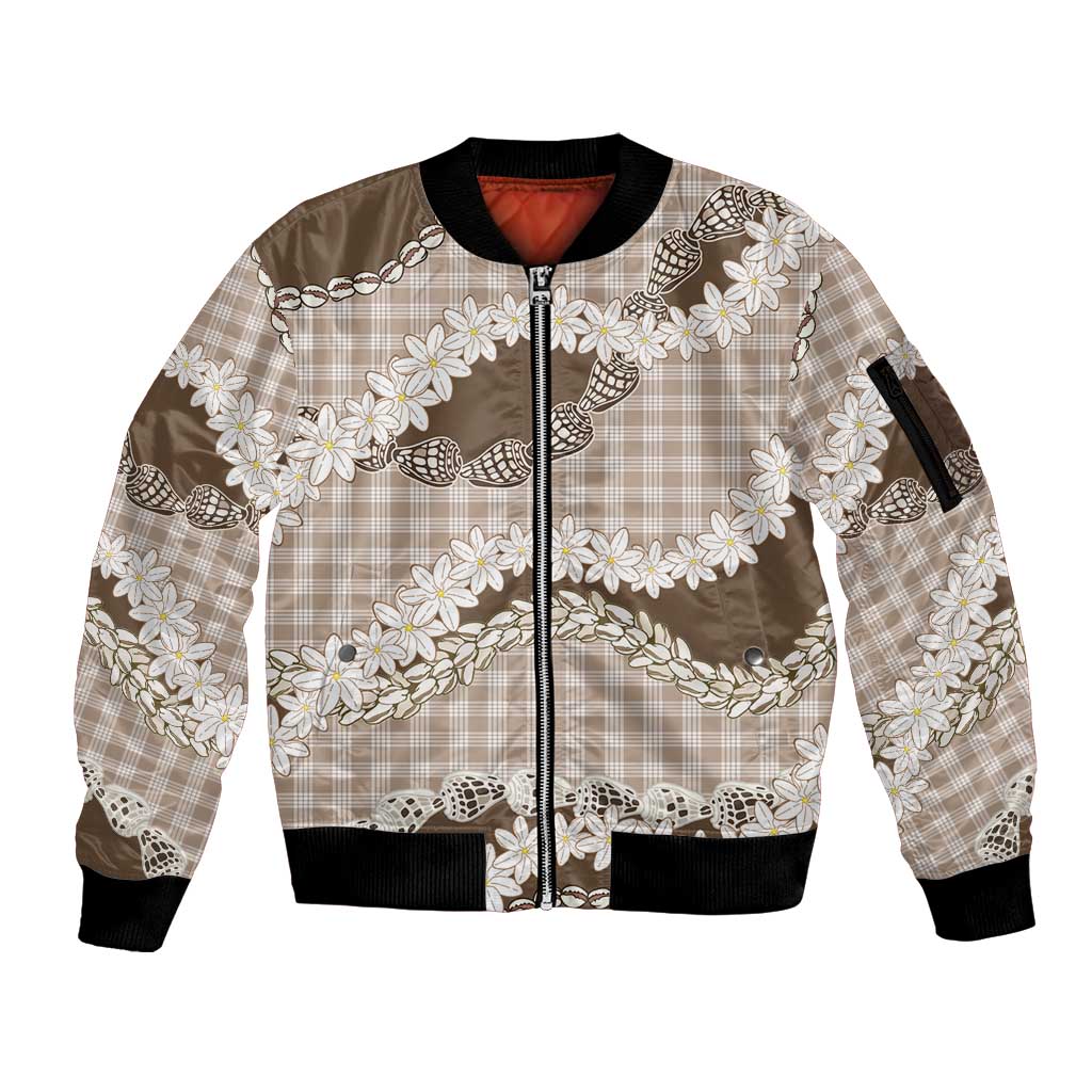 Brown Hawaii Tiare and Shell Lei Sleeve Zip Bomber Jacket Hawaiian Palaka Luxury Vibes LT14 Unisex Brown - Polynesian Pride