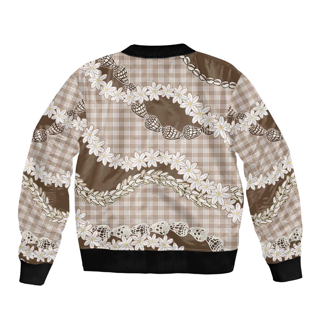 Brown Hawaii Tiare and Shell Lei Sleeve Zip Bomber Jacket Hawaiian Palaka Luxury Vibes LT14 - Polynesian Pride