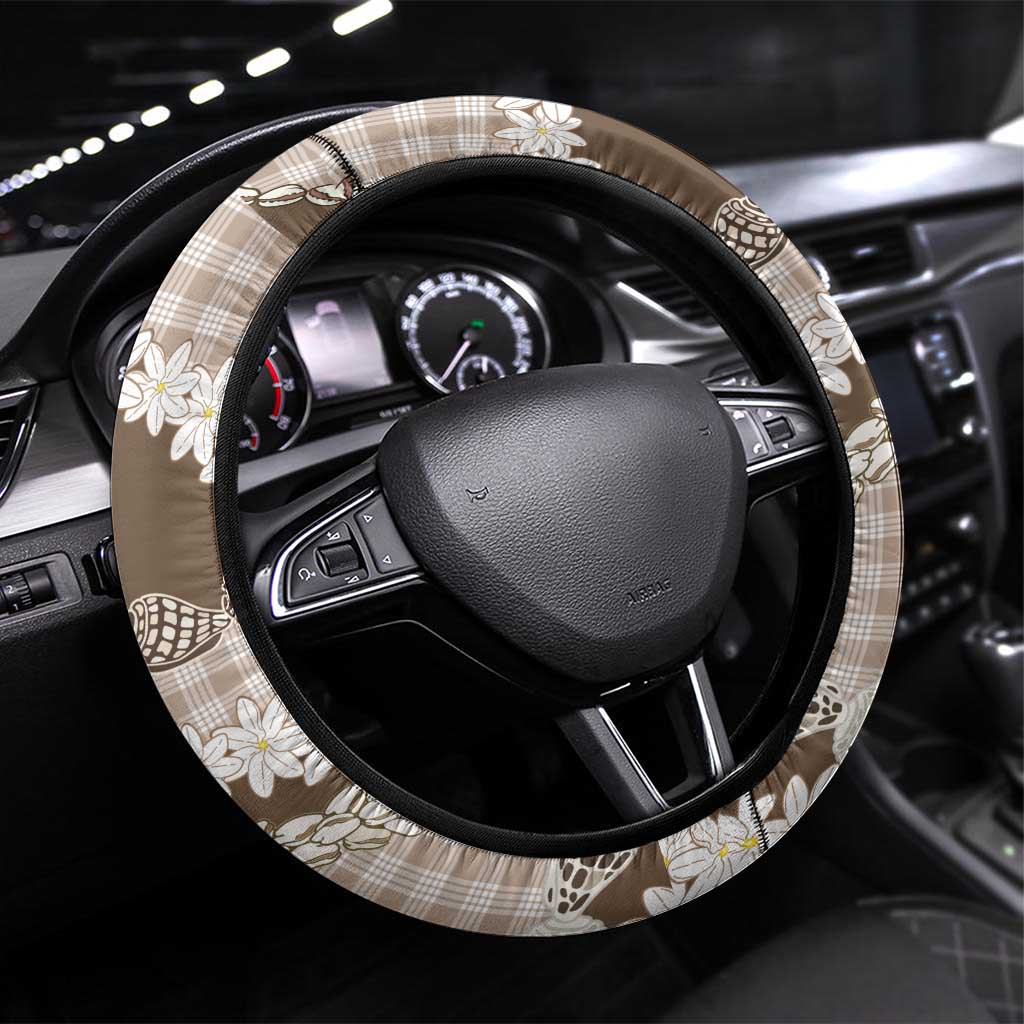 Brown Hawaii Tiare and Shell Lei Steering Wheel Cover Hawaiian Palaka Luxury Vibes LT14 Universal Fit Brown - Polynesian Pride