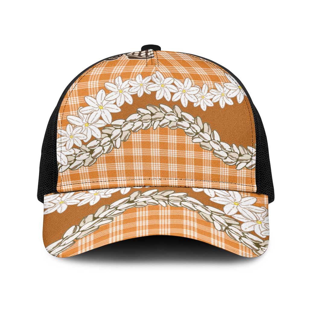 Orange Hawaii Tiare and Shell Lei Baseball Net Cap Hawaiian Palaka Luxury Vibes LT14 One Size Black Orange - Polynesian Pride