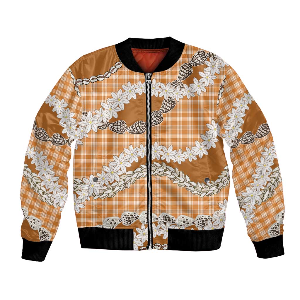 Orange Hawaii Tiare and Shell Lei Bomber Jacket Hawaiian Palaka Luxury Vibes LT14 Unisex Orange - Polynesian Pride
