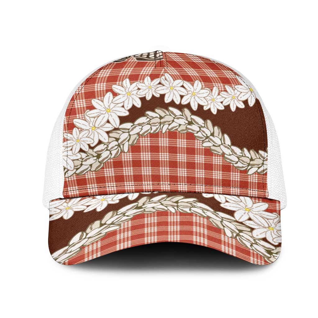 Red Hawaii Tiare and Shell Lei Mesh Trucker Cap Hawaiian Palaka Luxury Vibes LT14 One Size White Red - Polynesian Pride