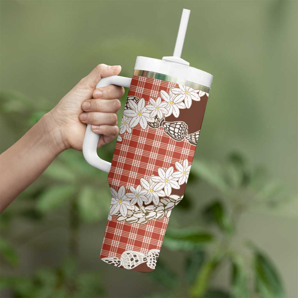 Red Hawaii Tiare and Shell Lei Tumbler With Handle Hawaiian Palaka Luxury Vibes LT14 - Polynesian Pride