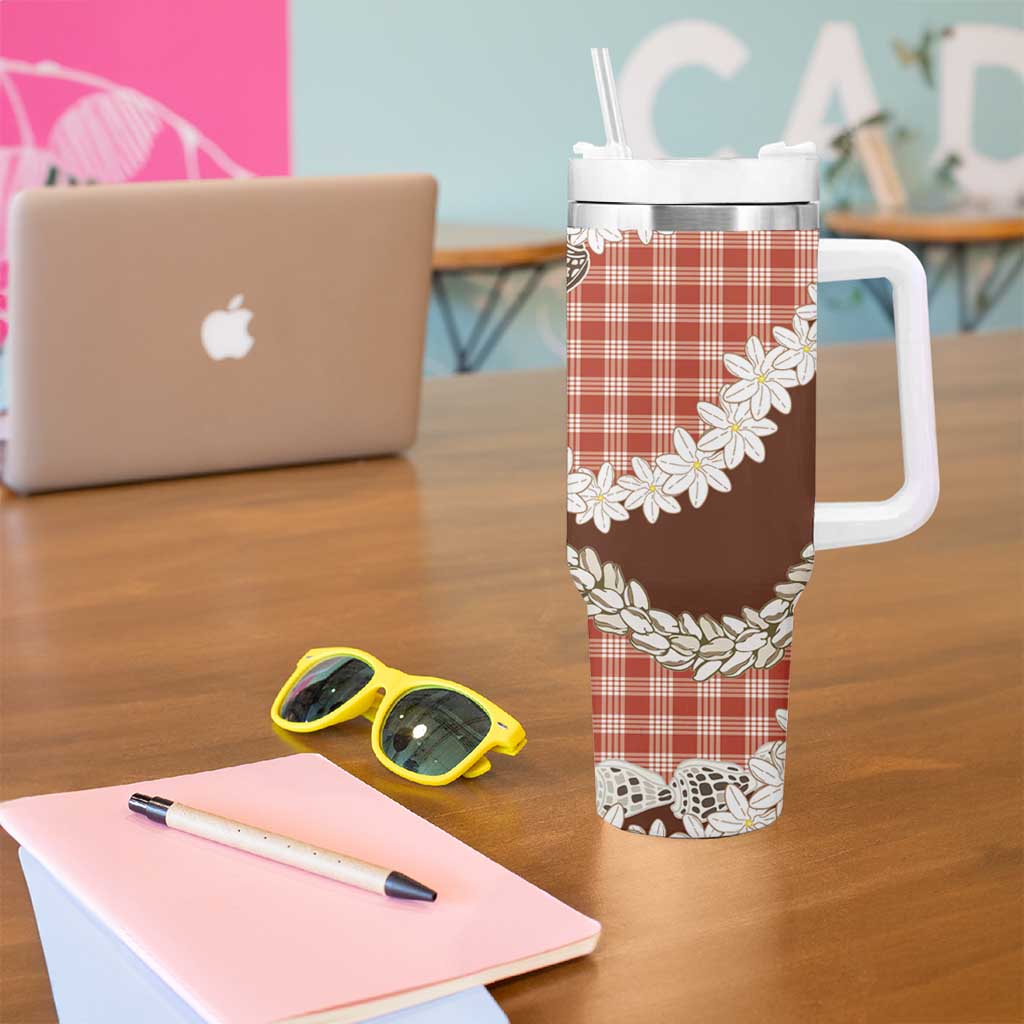 Red Hawaii Tiare and Shell Lei Tumbler With Handle Hawaiian Palaka Luxury Vibes LT14 - Polynesian Pride