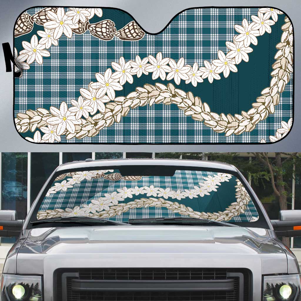 Dark Cyan Hawaii Tiare and Shell Lei Auto Sun Shade Hawaiian Palaka Luxury Vibes LT14 Dark Cyan - Polynesian Pride
