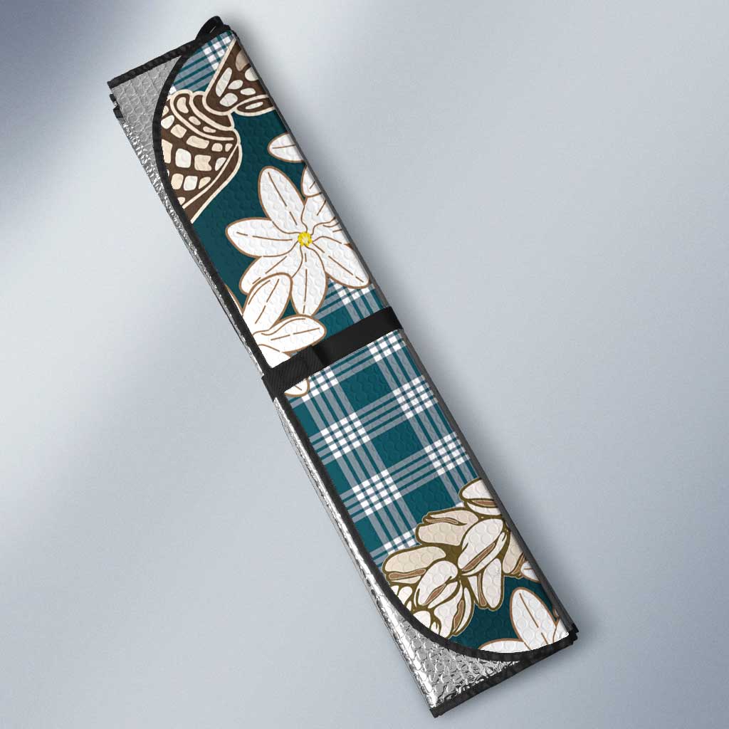 Dark Cyan Hawaii Tiare and Shell Lei Auto Sun Shade Hawaiian Palaka Luxury Vibes LT14 - Polynesian Pride