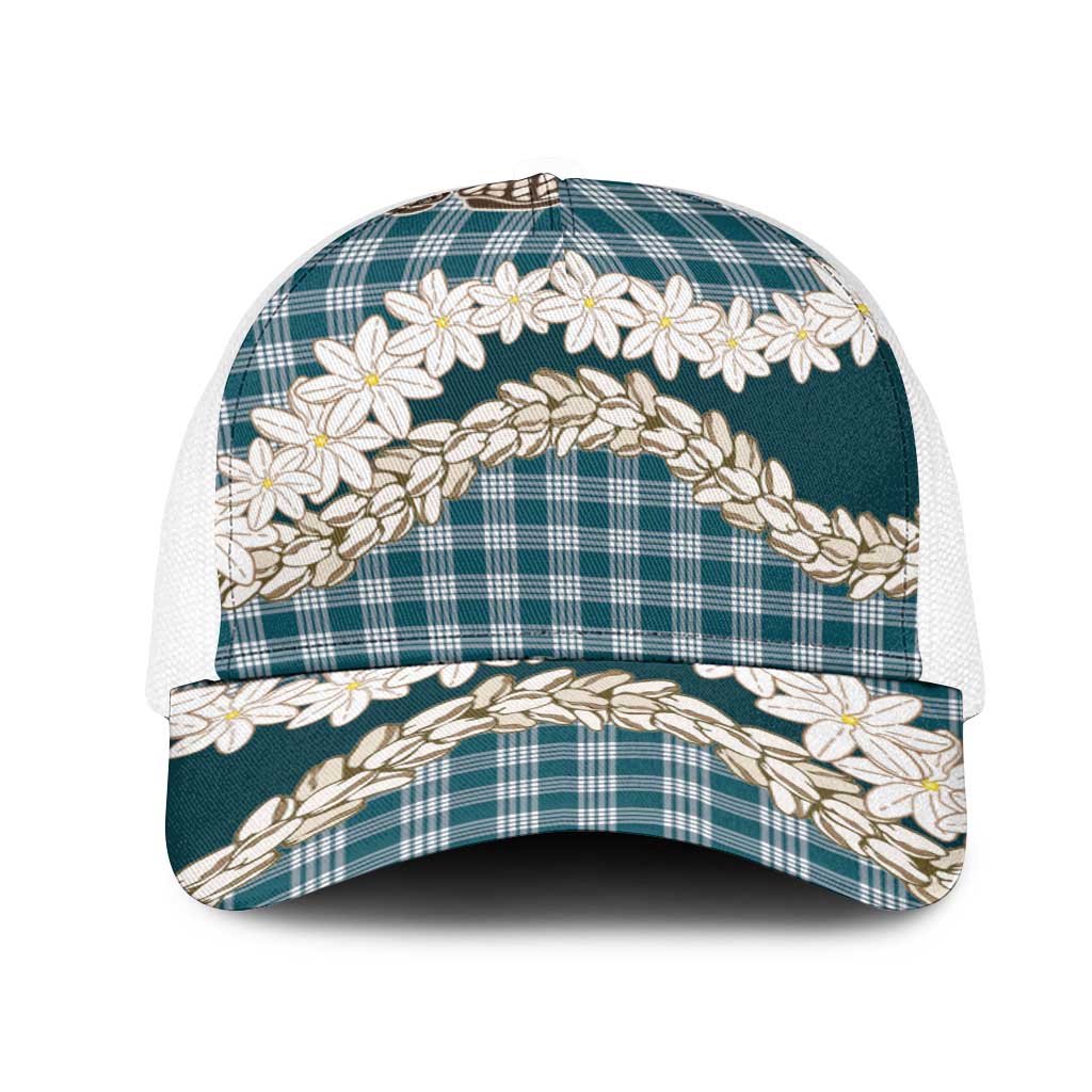 Dark Cyan Hawaii Tiare and Shell Lei Mesh Trucker Cap Hawaiian Palaka Luxury Vibes LT14 One Size White Dark Cyan - Polynesian Pride
